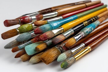 Fototapeta premium A detailed close-up shot featuring a collection of artist paintbrushes, showcasing an assortment of sizes, colors, and textures, ideal for illustrating art or creative pursuits.