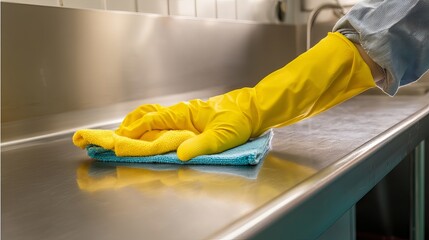 Hand in glove cleaning stainless kitchen surface Closeup in professional food facility