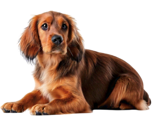 Adorable red Cocker Spaniel puppy lying down, gazing thoughtfully.  Perfect for pet adoption, veterinary websites, or heartwarming petthemed projects.