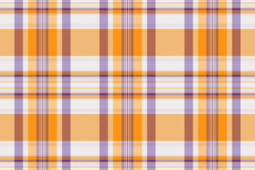 Warm and inviting plaid pattern in shades of orange, brown, purple, and white. Textile design for backgrounds, fabrics, or creative projects. Seamless repeat.