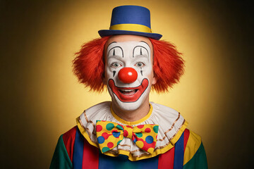 Cheerful clown with a red nose. Wallpaper or phone screensaver. Copy space. Generated by artificial intelligence
