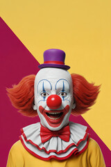 Cheerful clown with a red nose. Wallpaper or phone screensaver. Copy space. Generated by artificial intelligence