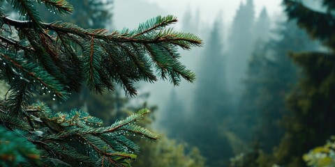 Obraz premium Rain-Kissed Pine Branch: A Serene Forest Vista