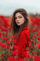 Naklejka premium Red-Clad Woman Amidst a Poppy Field: Serene and Romantic Portrait
