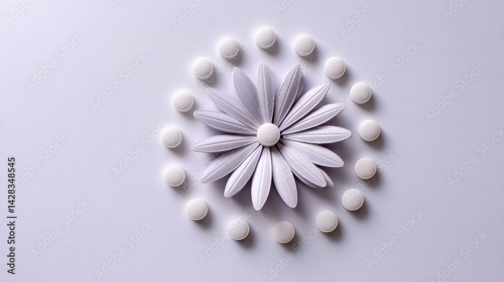 Aufkleber clean white pill arranged in a blooming flower shape on a minimalistic background for wellness inspi