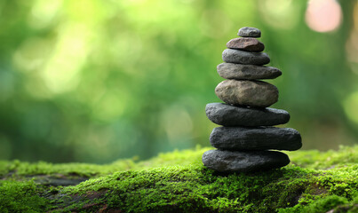 Stack of zen stones in forest setting symbolizing balance, mindfulness, and mental clarity.