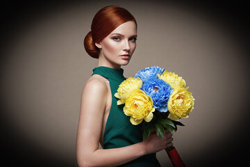 Pretty redhead woman, model appearance, looking at the camera. Copy space. Background, AI generated