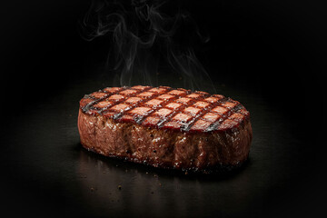 Delicious, juicy steak on the grill, dark background, with flames. Copy space. AI created Generated image