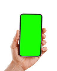 Male hand holding blank smart phone with a green screen isolated on white background
