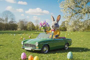 Easter bunny in a car, convertible, on a green lawn. Poster with copy space. Toy car with Easter eggs. Easter background. AI-generated