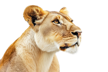 Confident lioness gazes ahead with focus and strength on a bright white photography background