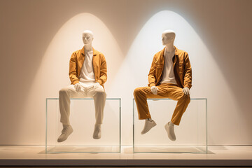 Two seated male mannequins in a fashion store. Youth style