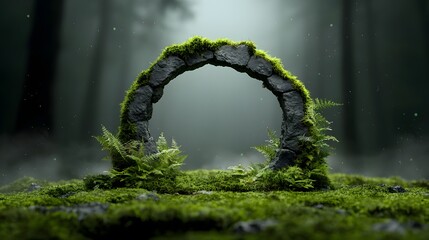 Enchanting moss covered stone archway in a mystical forest sanctuary