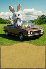 Easter bunny in a car, convertible, on a green lawn. Poster with copy space. Toy car with Easter eggs. Easter background. AI-generated