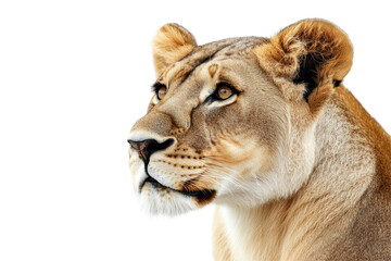 Obraz premium Focused lioness looking forward with determination and pride on a clean white studio background