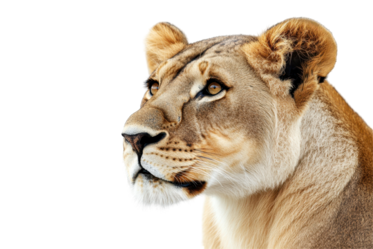 Focused lioness looking forward with determination and pride on a clean white studio background