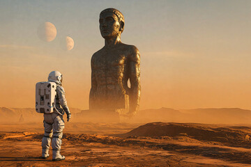 Astronaut standing on the surface of the planet looking at the statue. Surrealism. Background on the screen. Copy space. AI created