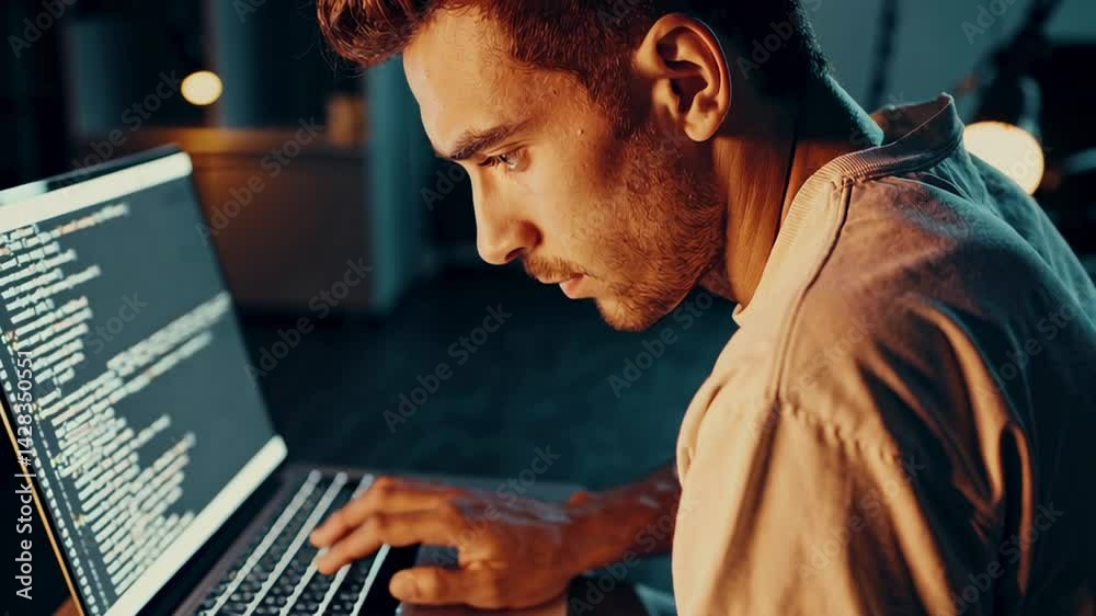 Poster illuminated by the warm glow of his laptop screen, a young programmer works diligently late into the