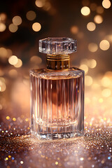 Elegant glass perfume bottle with intricate design and soft pink liquid, set against a sparkling golden bokeh background, evoking luxury and sophistication.
