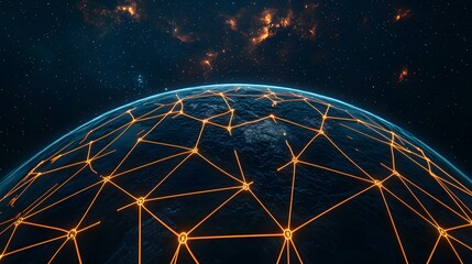 The image shows a dark blue Earth from space, with a network of glowing orange lines connecting various points across its surface.  The background is a starry night sky with nebulae.A glowing network