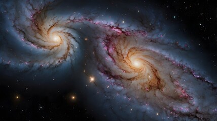 Mesmerizing view of two spiral galaxies colliding and merging in deep space. Two galaxies colliding showcasing luminous details and vibrant colors. 