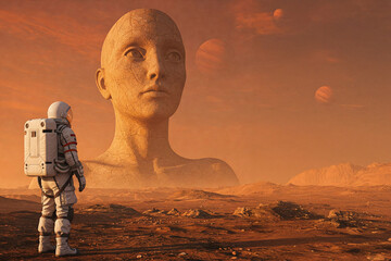 Astronaut standing on the surface of the planet looking at the statue. Surrealism. Background on the screen. Copy space. AI created