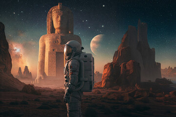 Astronaut standing on the surface of the planet looking at the statue. Surrealism. Background on the screen. Copy space. AI created