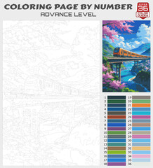 Fototapeta premium Color by Number Printable – Scenic Train Crossing Bridge in Cherry Blossom Valley, Advanced Travel Landscape Coloring Page