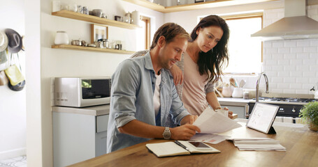 Home, finance and couple with documents, payment for mortgage and rent. Apartment, transactions and...