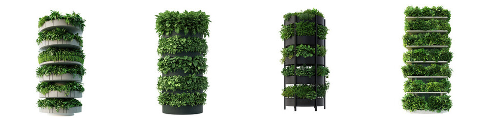 Naklejka premium Vertical garden displays with lush greenery on modular shelves