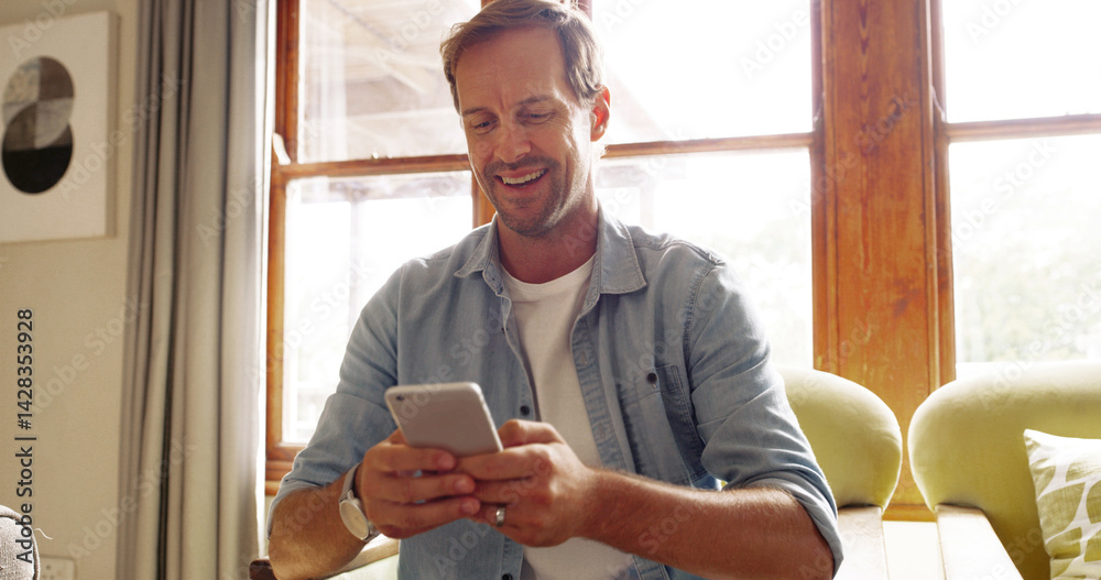 Poster home, typing and man with smartphone, smile and connection with message to contact. apartment, mobil