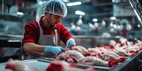 Butcher preparing chicken for freezing in food processing plant