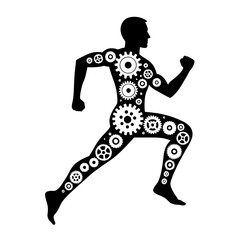 Naklejka premium Silhouette of a running man with gears inside his legs, symbol of human machine hybrid, tech concept, vector icon, isolated 