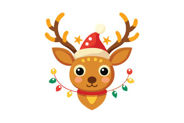 cute reindeer head isolated on white background. Funny Simple flat vector illustration Christmas reindeer in hat and garland with light bulbs.