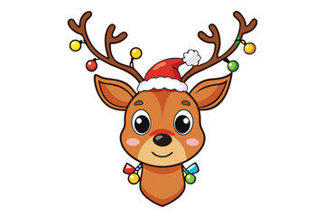 cute reindeer head isolated on white background. Funny Simple flat vector illustration Christmas reindeer in hat and garland with light bulbs.