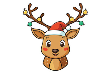cute reindeer head isolated on white background. Funny Simple flat vector illustration Christmas reindeer in hat and garland with light bulbs.