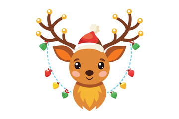 cute reindeer head isolated on white background. Funny Simple flat vector illustration Christmas reindeer in hat and garland with light bulbs. © Abu hamed shah
