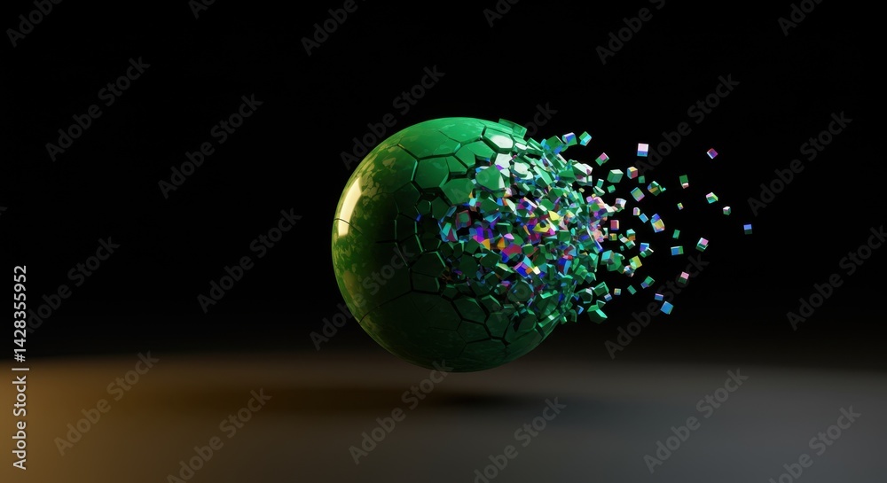 Poster abstract 3d render of exploding green sphere shattering into iridescent fragments against a dark bac