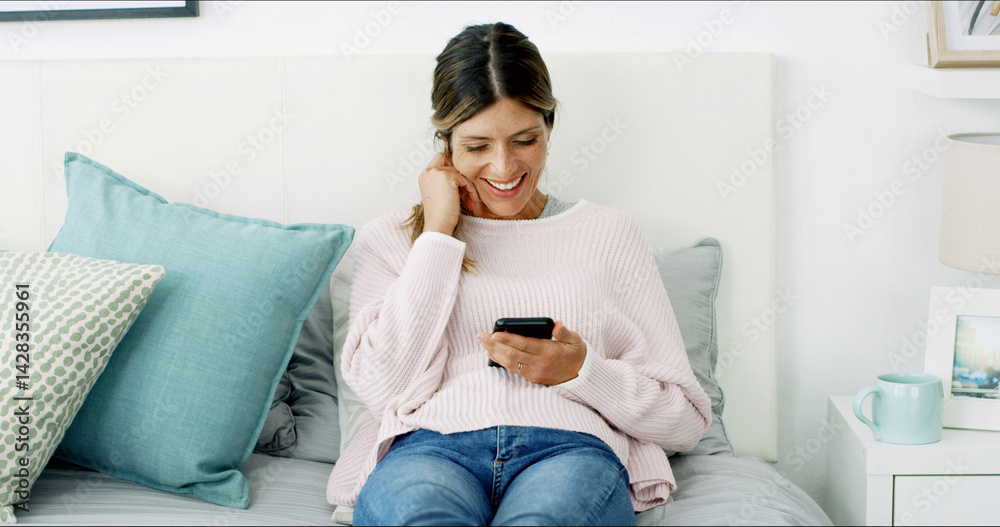 Poster woman, smartphone and happy with texting on sofa, chat or check notification in living room at in ho