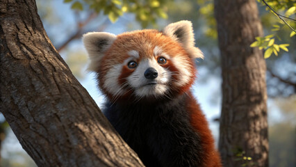 A cute red panda enjoys in a tree in its wild Asian habitat