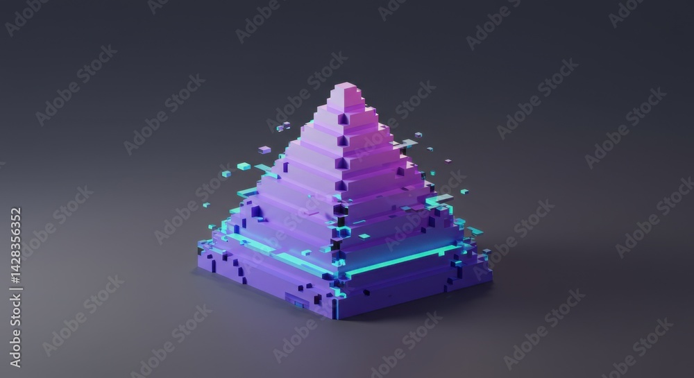 Poster digital pyramid disintegration: a pixelated abstract 3d render of a fracturing geometric structure w