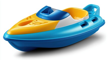 Naklejka premium Plastic toy speedboat. colorful blue and yellow design for water play