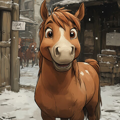 Happy cartoon horse smiling in a snowy village  