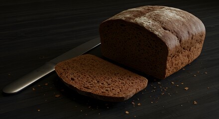 Loaf of Dark Rye Bread with Crumbs and Knife
