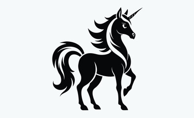 Unicorn silhouette, black vector icon, fantasy animal, magical creature, white background 