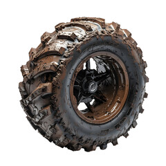 mud splattered atv tire and rim, on white background, isolated, studio lighting, ultra high definition,