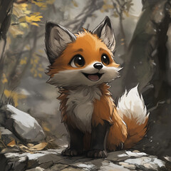 Cute cartoon fox smiling in a forest background  