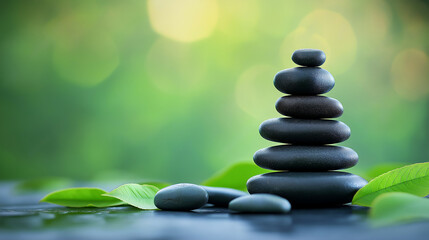 Obraz premium balanced stack of smooth zen stones on blurred background of soft green leaves, concept of peace, balance, harmony.