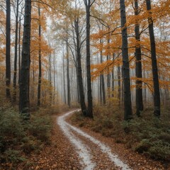 Fototapeta premium A peaceful forest trail in autumn on a white background