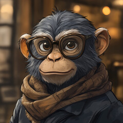 Stylish monkey wearing glasses with a scarf in a cozy setting  
